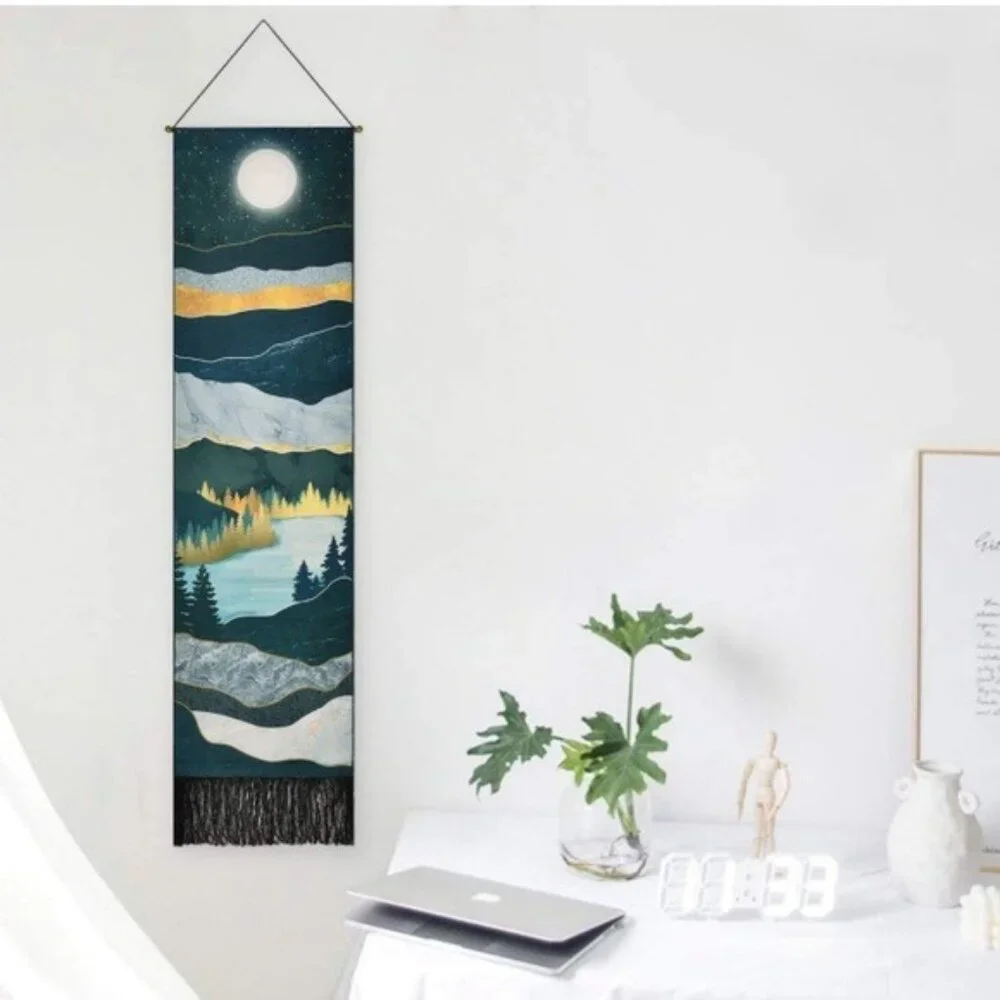 Night Sky Forest Mountain Nature Tapestry Banner